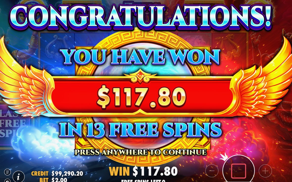 Win screen showing ZEUS WIN and TYPHON WIN totals
