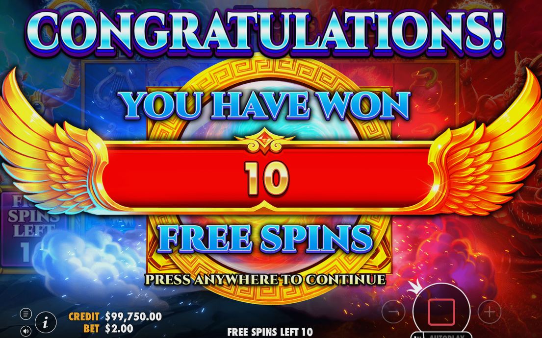 Free Spins screen with the spin counter and reel set